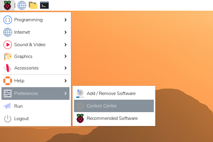 Raspberry Pi menu highlighting Control Centre