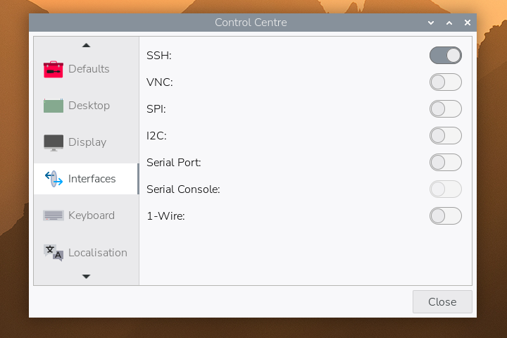 Control Centre Interfaces tab with SSH enabled
