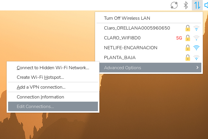 Panel network menu highlighting Edit Connections